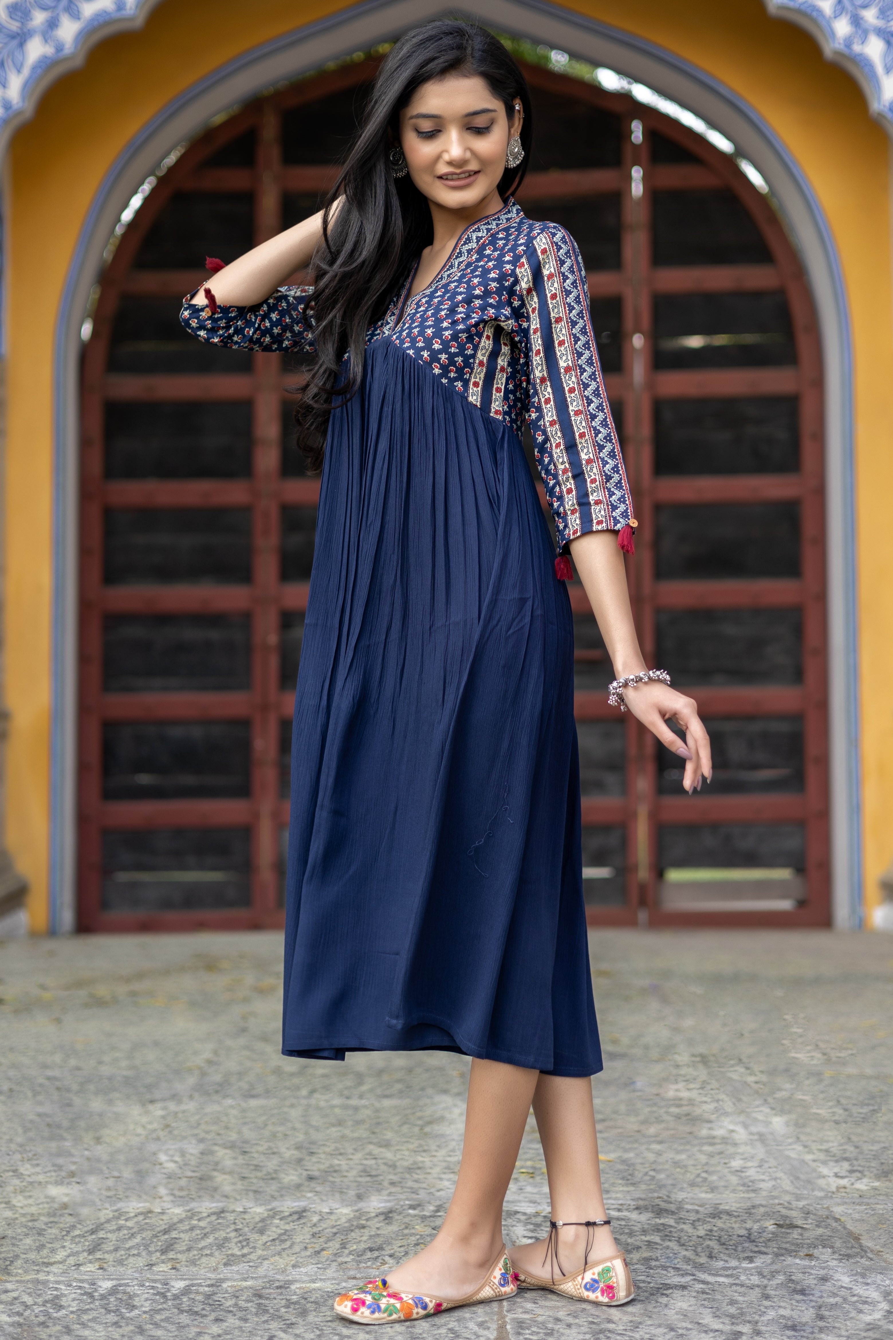 Blue Viscose Floral Printed Flared Dress